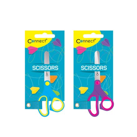 Olló 13cm, iskolai gumírozott fogóval, felakasztható csomagolásban Connect,