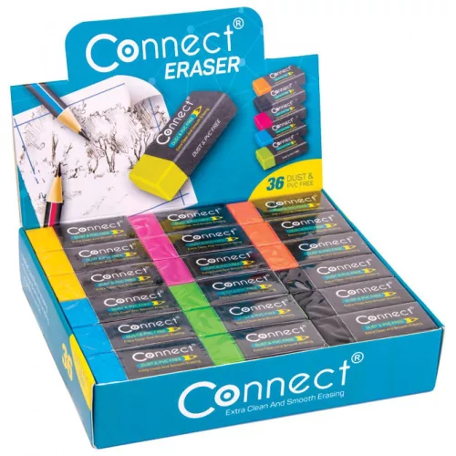 Radír Connect plasztik, 36 db/kínáló doboz 6x6szín,
