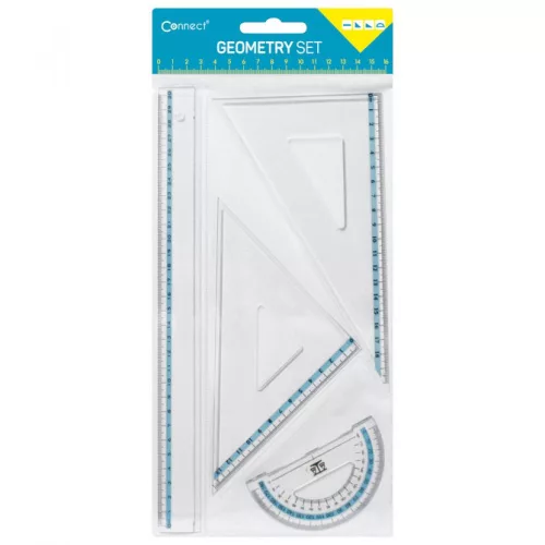 Vonalzókészlet, 30 cm egyenes vonalzó, szögmérő, 45° 14 cm és 60° 18 cm háromszög vonalzó, 4 db/bliszter Connect