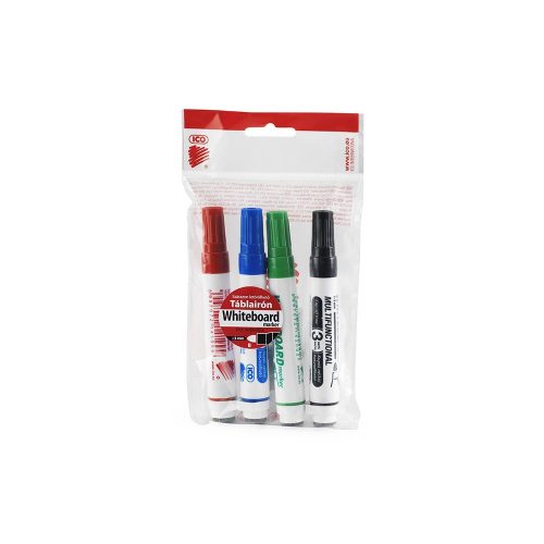 Táblamarker készlet, 3mm, mágneses, táblatörlővel multifunkciós Ico MARKERASER, 4 klf.szín