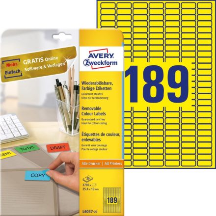 Etikett címke, univerzális visszaszedhető 189 címke/ív, 25,4 x10 mm, 20 ív/doboz, Avery sárga