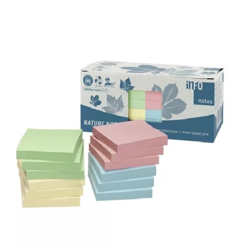 Jegyzettömb öntapadó, 75x75mm, 12x100lap, újrahasznosított Info Notes, sárga, zöld, kék, rózsaszín