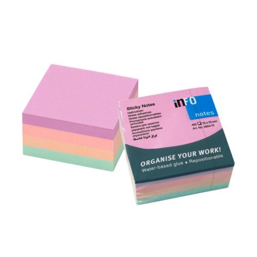 Jegyzettömb öntapadó, 75x75mm, 400lap, 4x100lap, Info Notes, harmony mix, lila, világos rózsaszín, világoszöld, barack