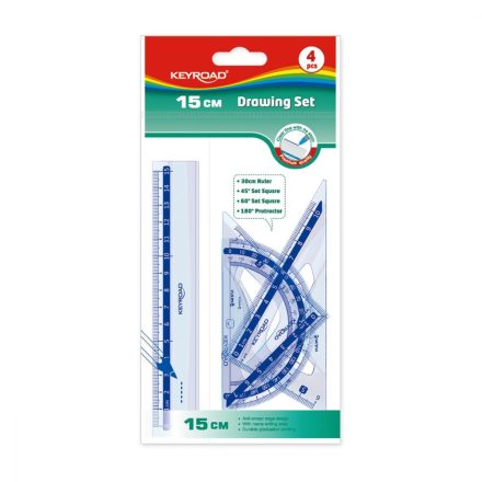 Vonalzókészlet, 15 cm, vonalzó, szögmérő, 45° és 60° háromszög vonalzók 4 db/bliszter Keyroad