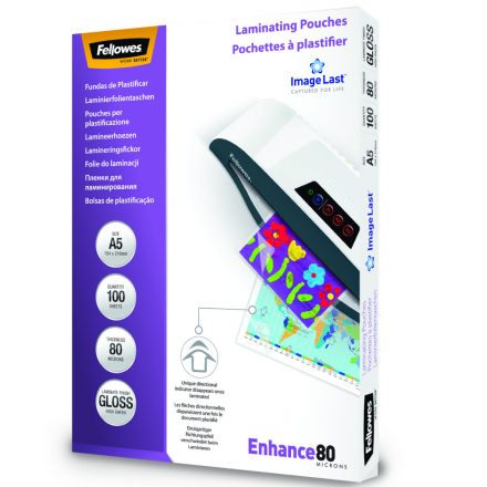 Lamináló fólia, A5, 80 mikron, fényes, 100 db/doboz, Fellowes®