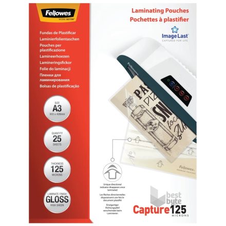 Lamináló fólia, A3, 125 mikron, fényes, 25 db/doboz, Fellowes®