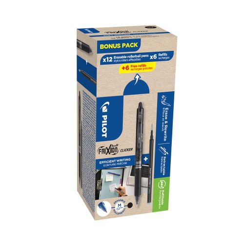 Rollertoll 0,5mm, törölhető Pilot Frixion Clicker GreenPack, 12 toll + 12betét, írásszín fekete