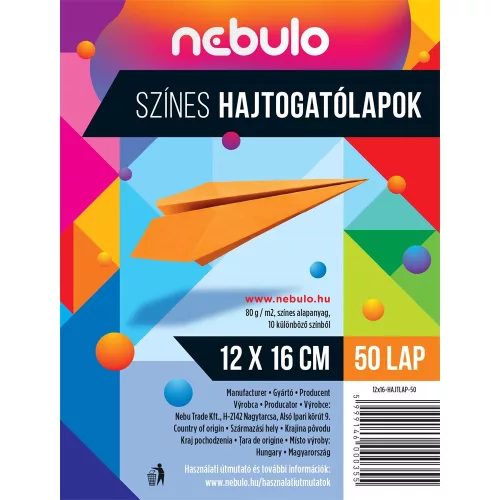 Hajtogatólapok színes 12x16 cm, vegyes színek, 50 lap/csomag, Nebulo