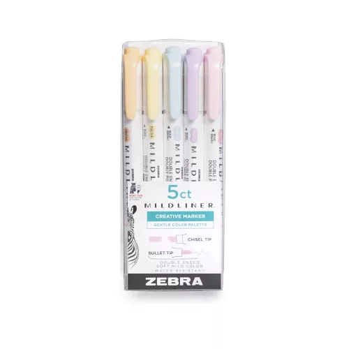 Szövegkiemelő készlet, 1,4/4 mm, kétvégű, Zebra Mildliner Highlighter Gentle, 5 különböző szín