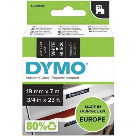 Feliratozógép szalag Dymo D1 S0720910/45811 19mmx7m, ORIGINAL, fehér/fekete