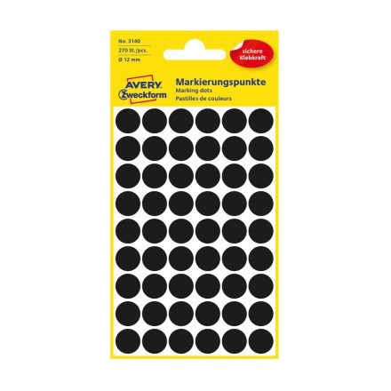 Etikett címke, o12mm, jelölésre, 54 címke/ív, 5 ív/doboz, Avery fekete