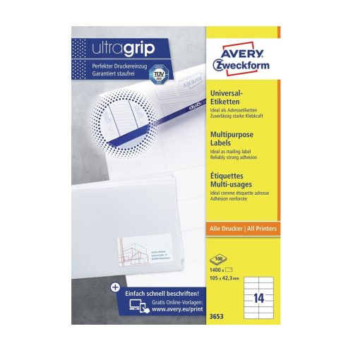 Etikett címke, 105 x42,3mm, univerzális, 14 címke/ív, 100 ív/doboz, Avery fehér