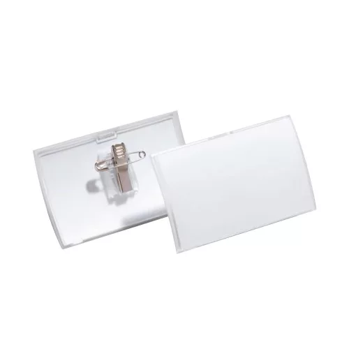 Névkitűző 90x54mm, kombi klippel, 25 db/csomag, Durable Click Fold áttetsző