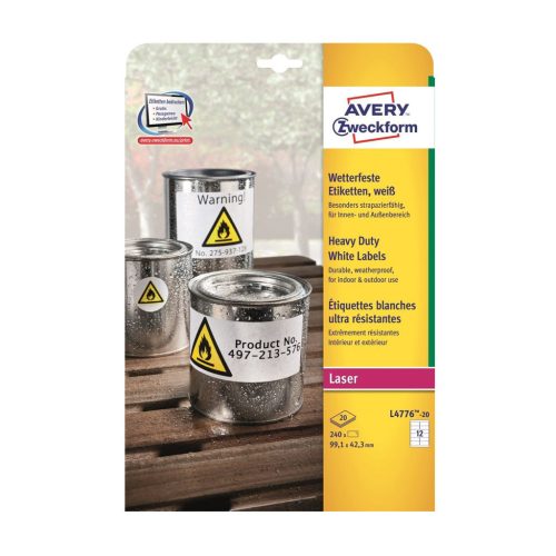 Etikett címke, 99,1 x42,3mm, időjárásálló poliészter, 12 címke/ív, 20 ív/doboz, Avery fehér