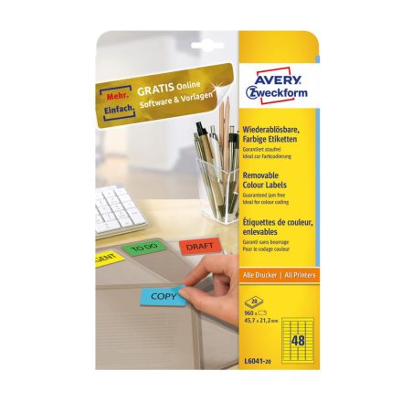 Etikett címke, 45,7 x21,2mm, univerzális visszaszedhető, 48 címke/ív, 20 ív/doboz, Avery sárga