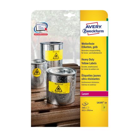 Etikett címke, 63,5 x29,6mm, időjárásálló poliészter, 27 címke/ív, 20 ív/doboz, Avery sárga